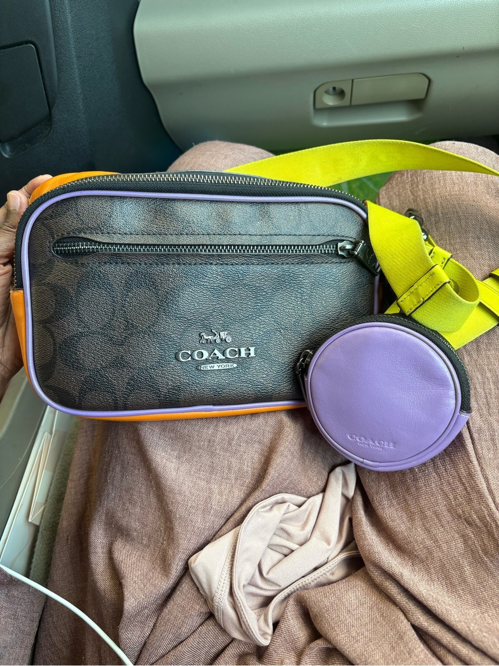 Coach Brown Signature Canvas Belt Bag with Purple Coin Pouch and Yellow Strap